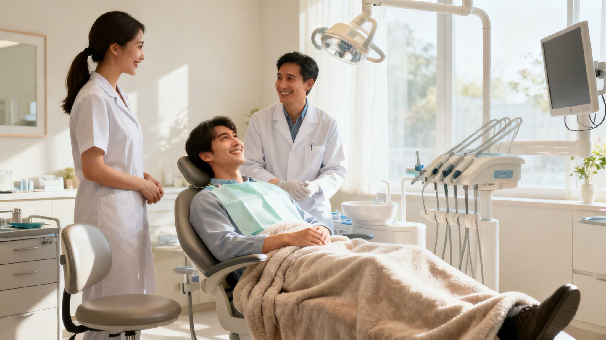 A happy male patient in a dental chair with a smiling dentist and assistant in a bright clinic.