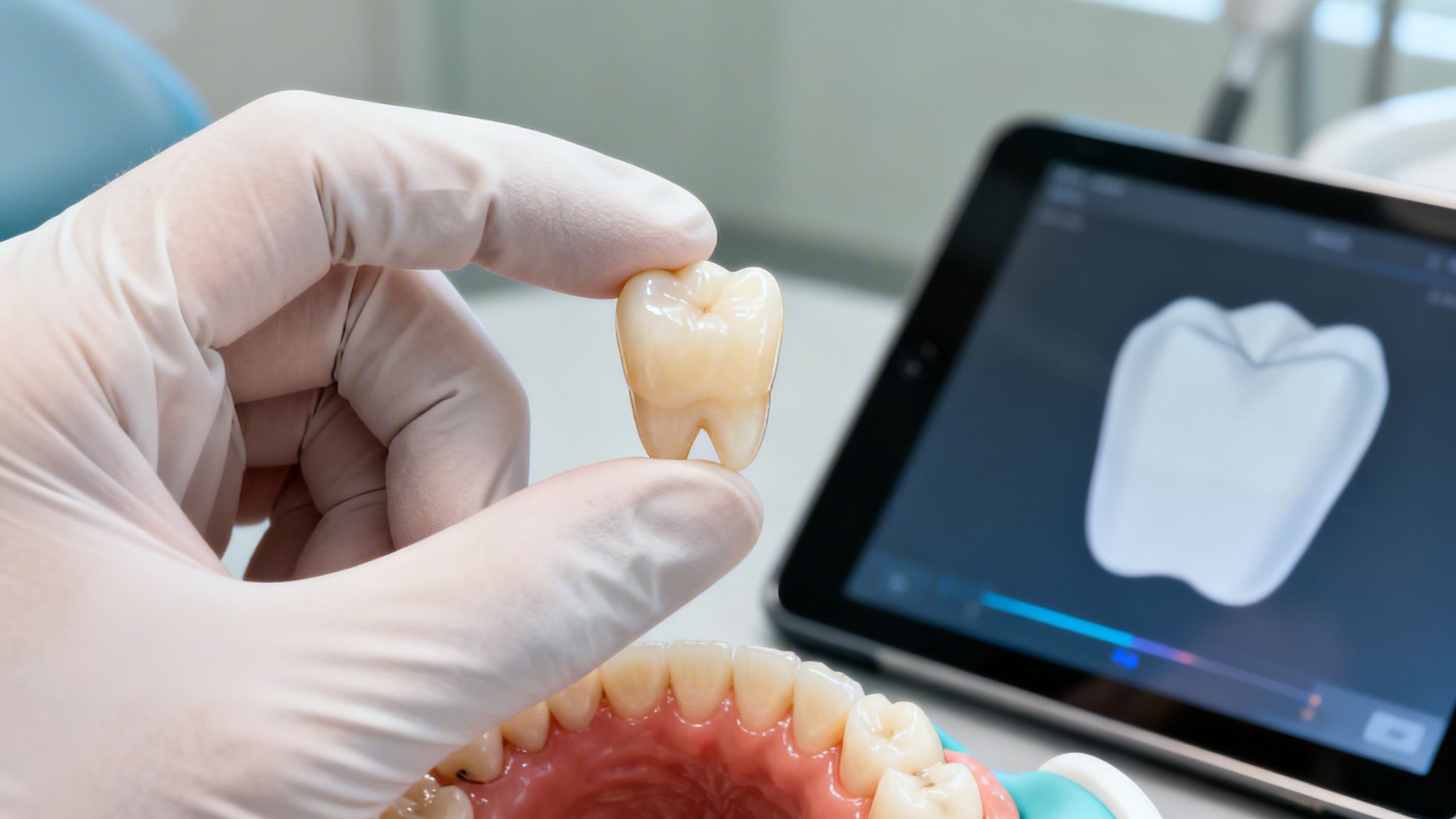 Dentist's gloved hand holding a ceramic tooth crown next to a dental model and digital tablet.