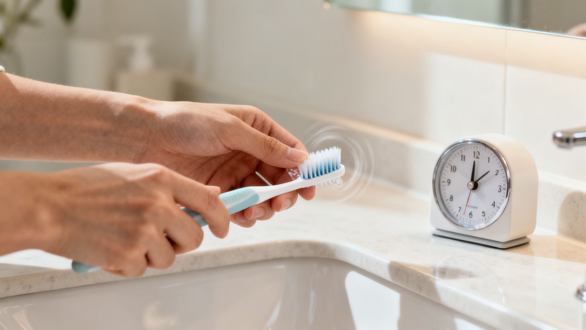Hands applying toothpaste onto a toothbrush over a sink, with an alarm clock visible.