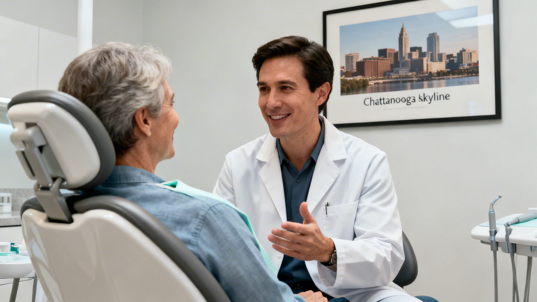 A friendly male dentist in a white lab coat smiling while talking to an older male patient in a dental chair.