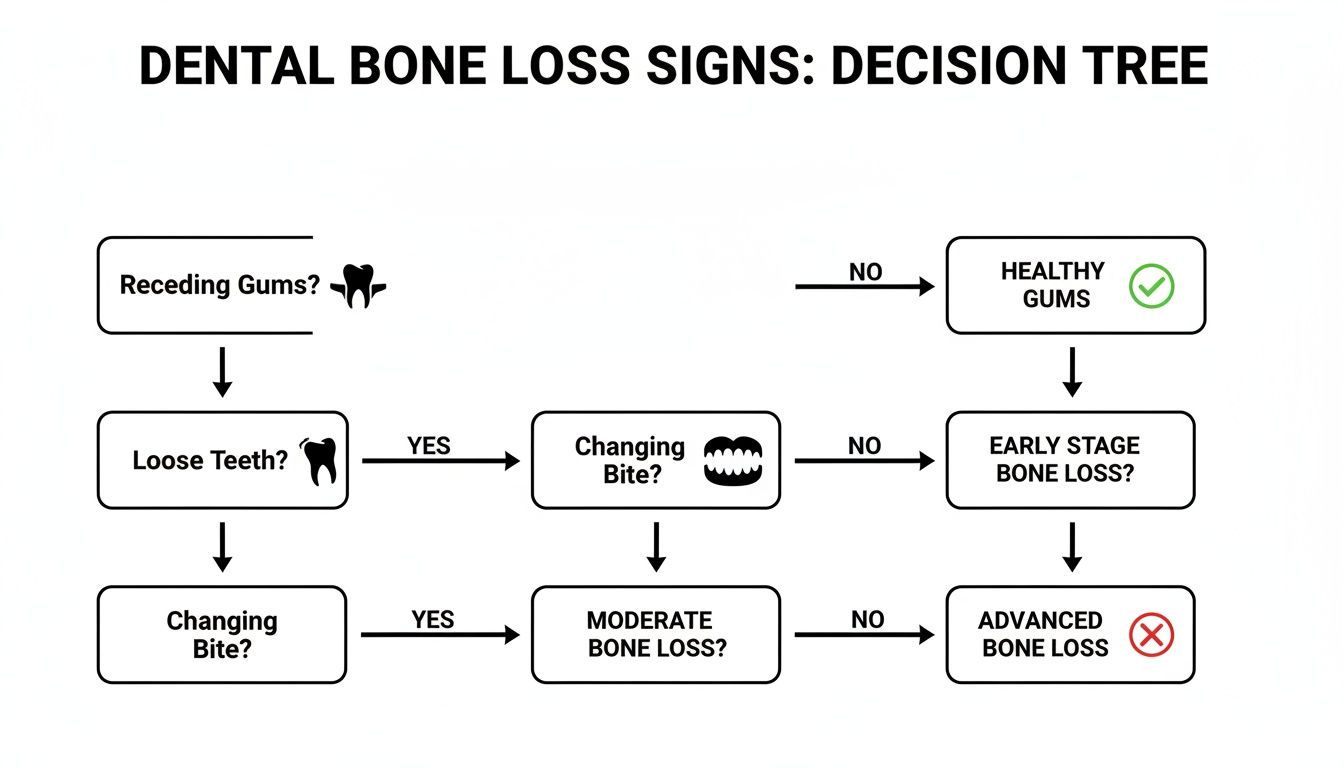 Decision tree flowchart illustrating dental bone loss signs based on receding gums, loose teeth, and changing bite.