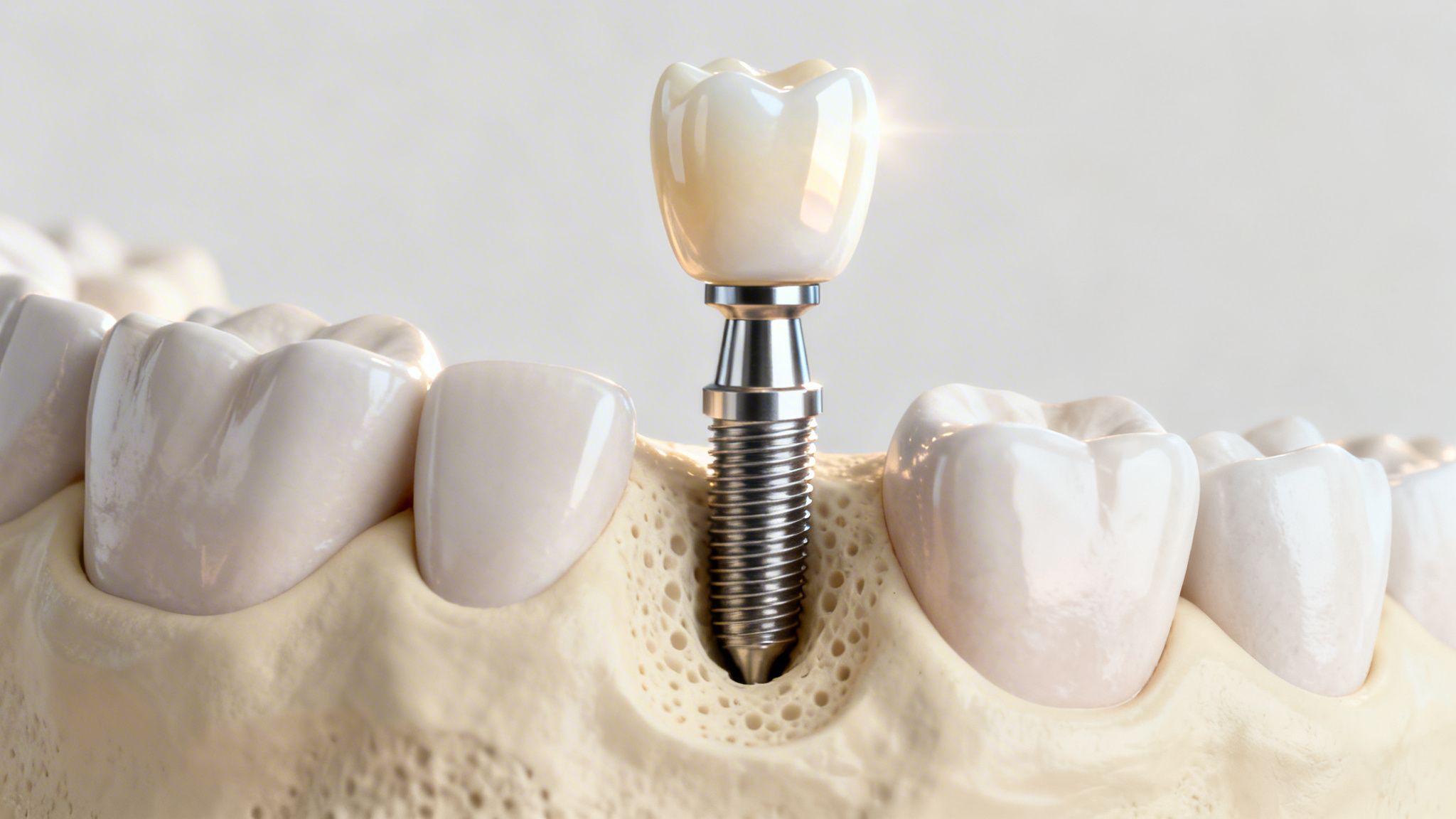 A detailed 3D model illustrating a dental implant with its screw, abutment, and crown in a jawbone model.