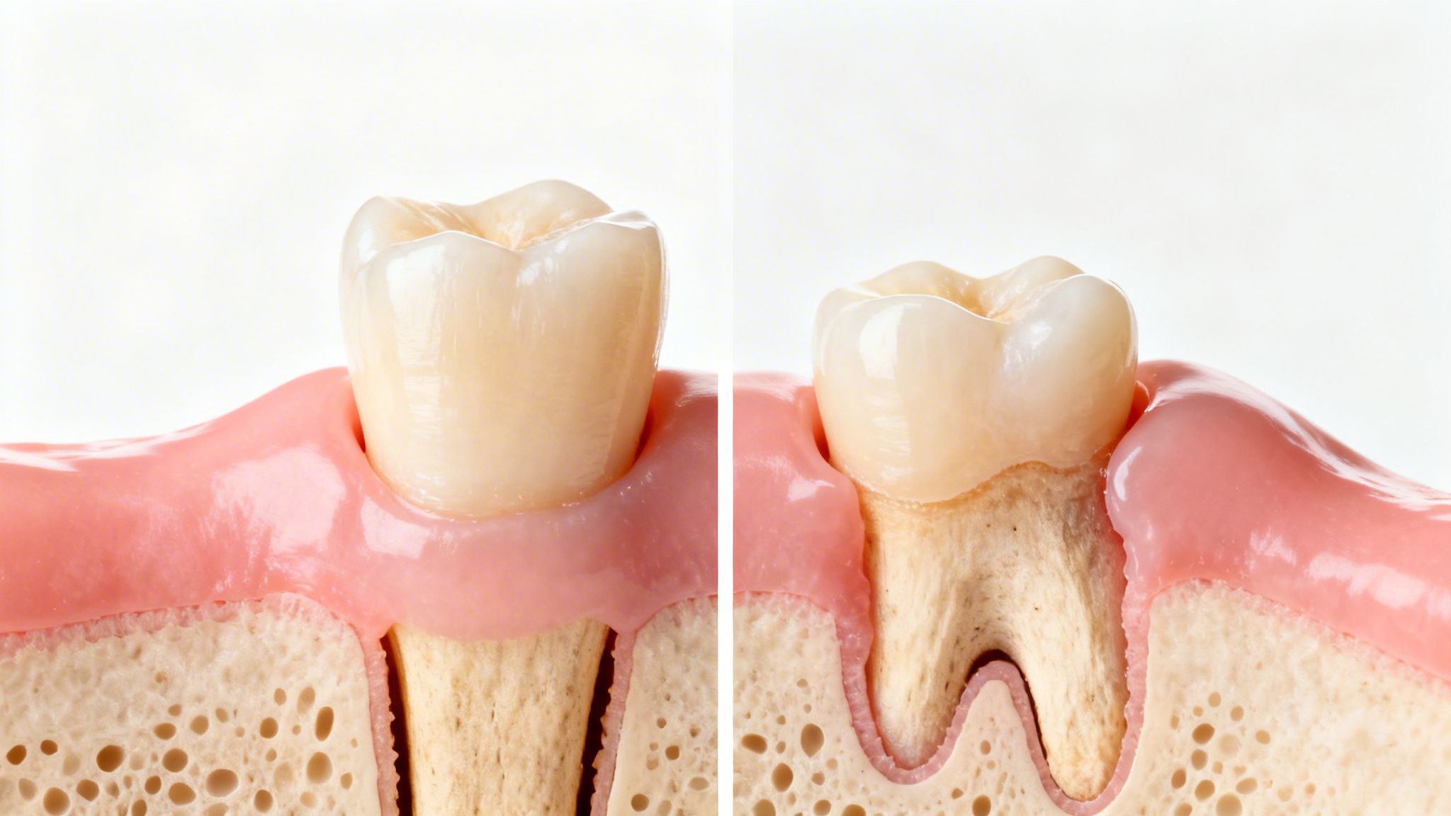 Dental models comparing a healthy tooth structure and a tooth demonstrating significant bone loss and gum recession.