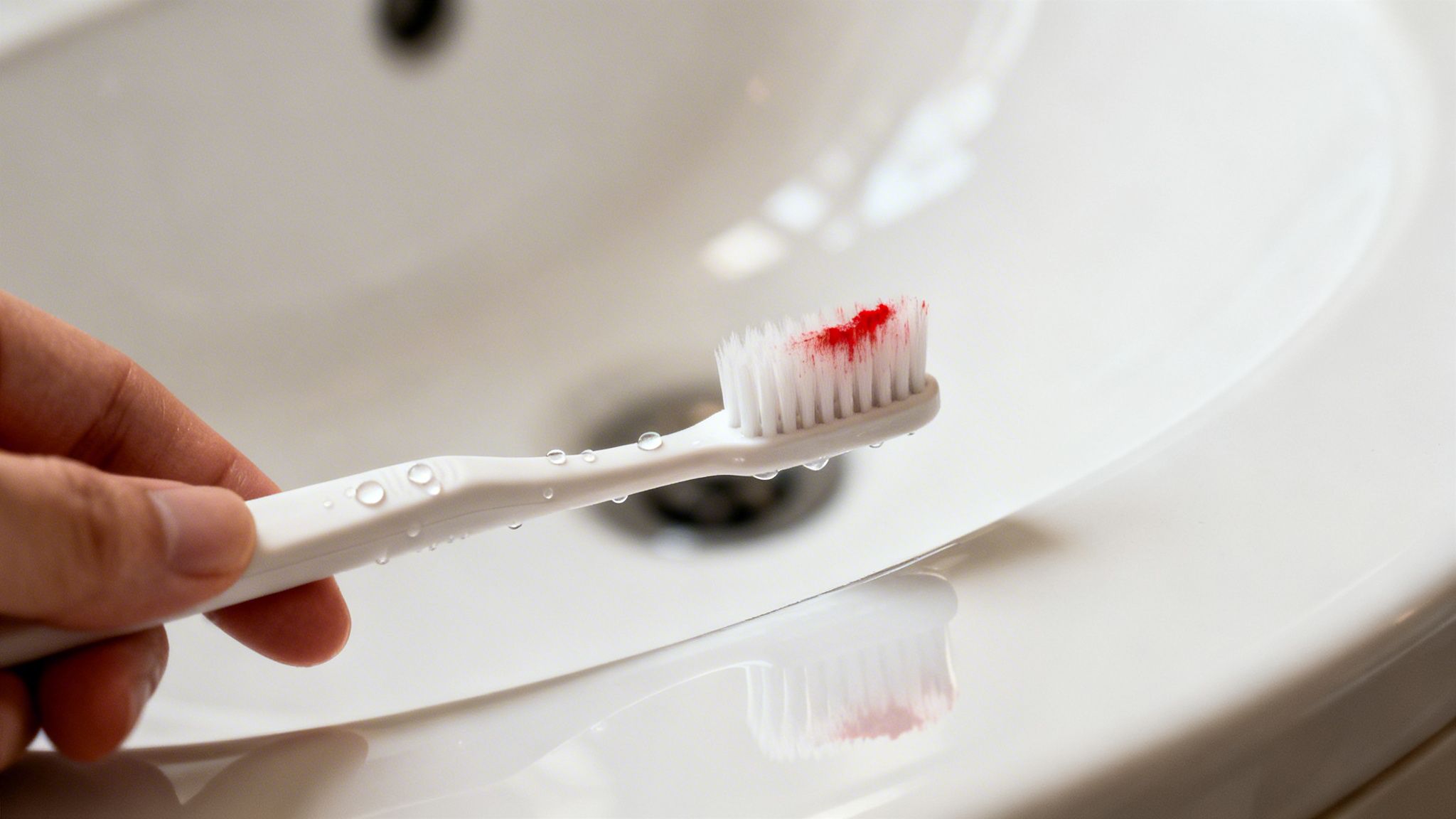 A person holds a white toothbrush with red blood on its bristles over a white sink.
