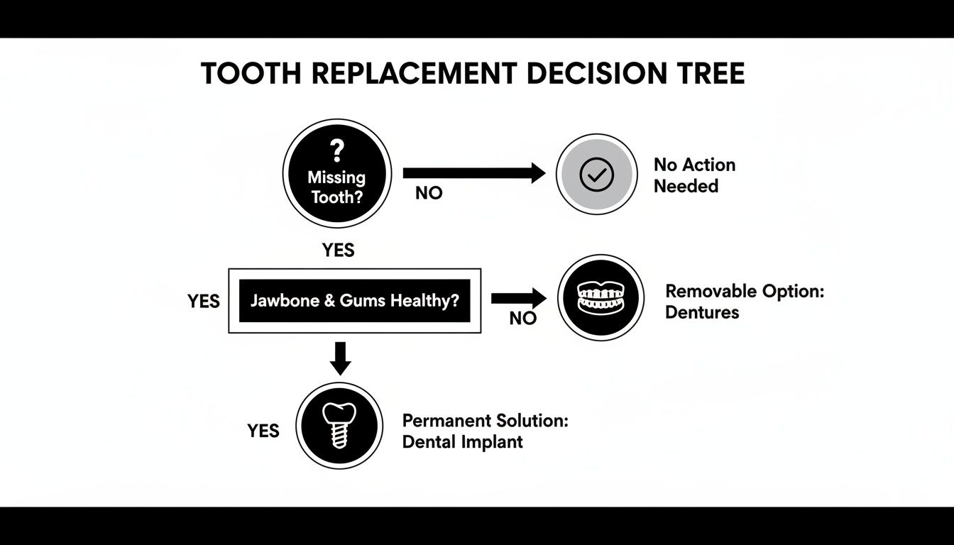 A tooth replacement decision tree, guiding from missing tooth to dental implant, dentures, or no action.