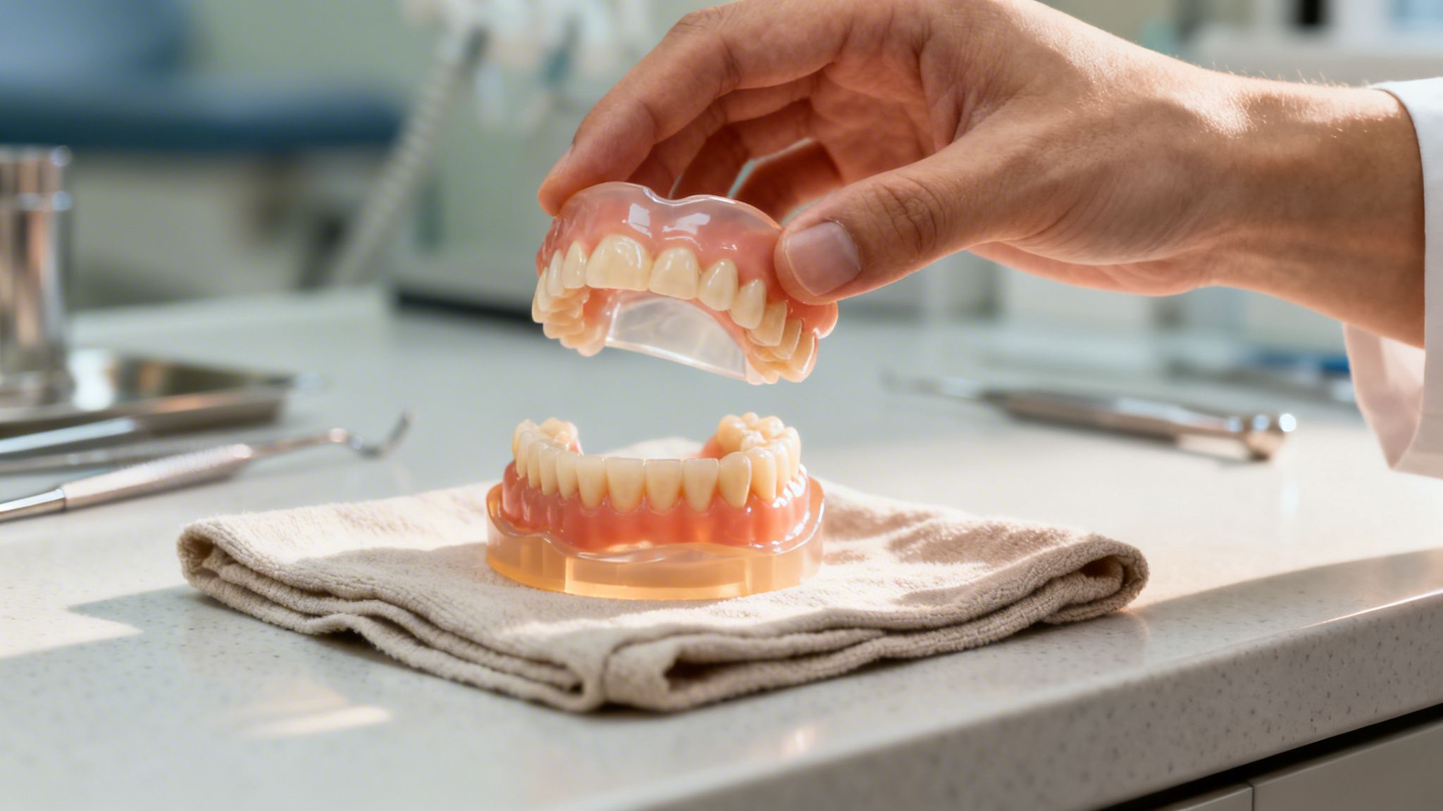 A hand holds a partial dental model over a full set of dentures on a white counter.