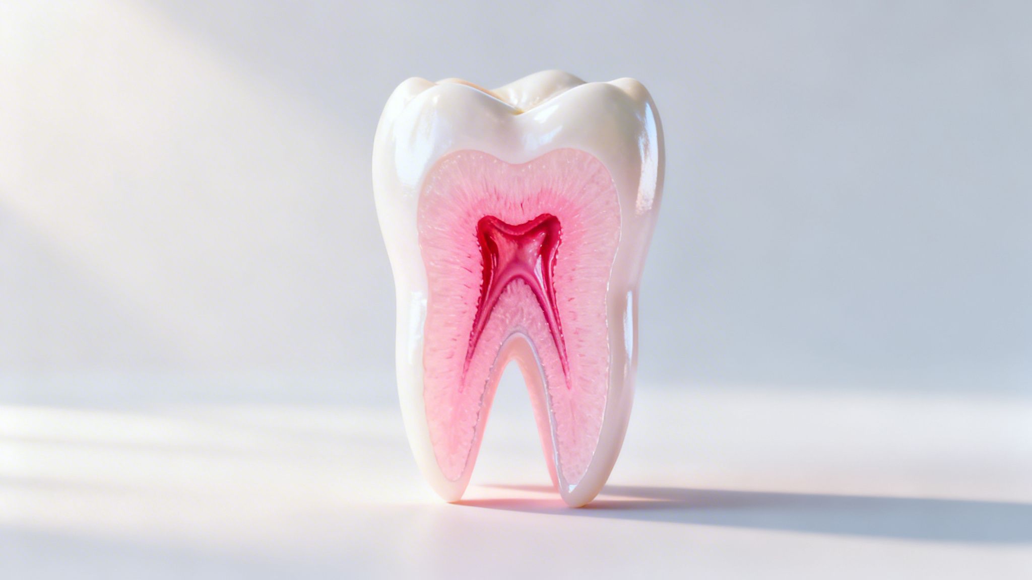 A cross-section view of a human tooth showing the enamel, dentin, and the inner pulp chamber.