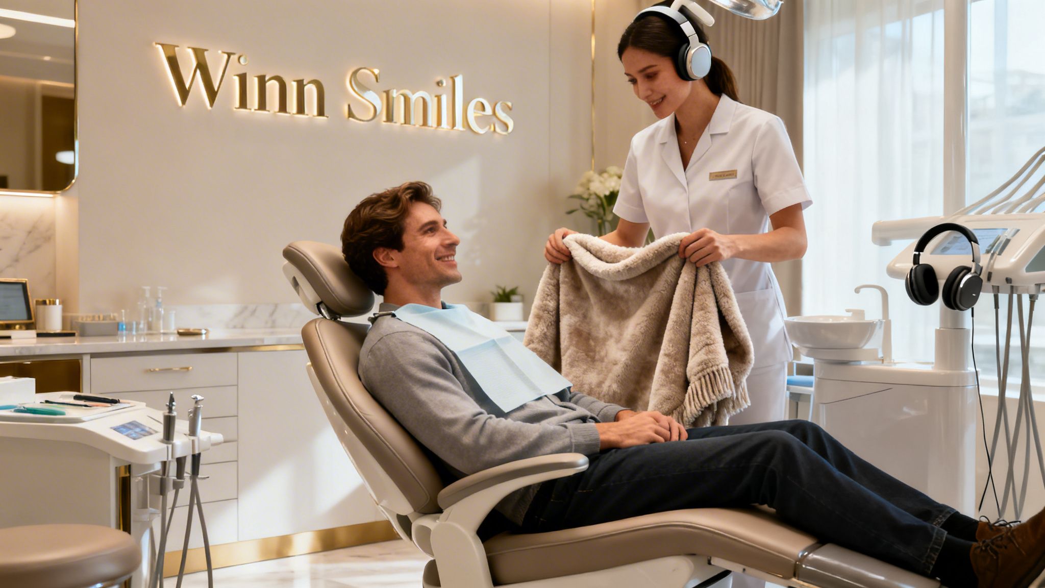 A professional dentist providing a comfortable experience for a relaxed patient in a modern dental office