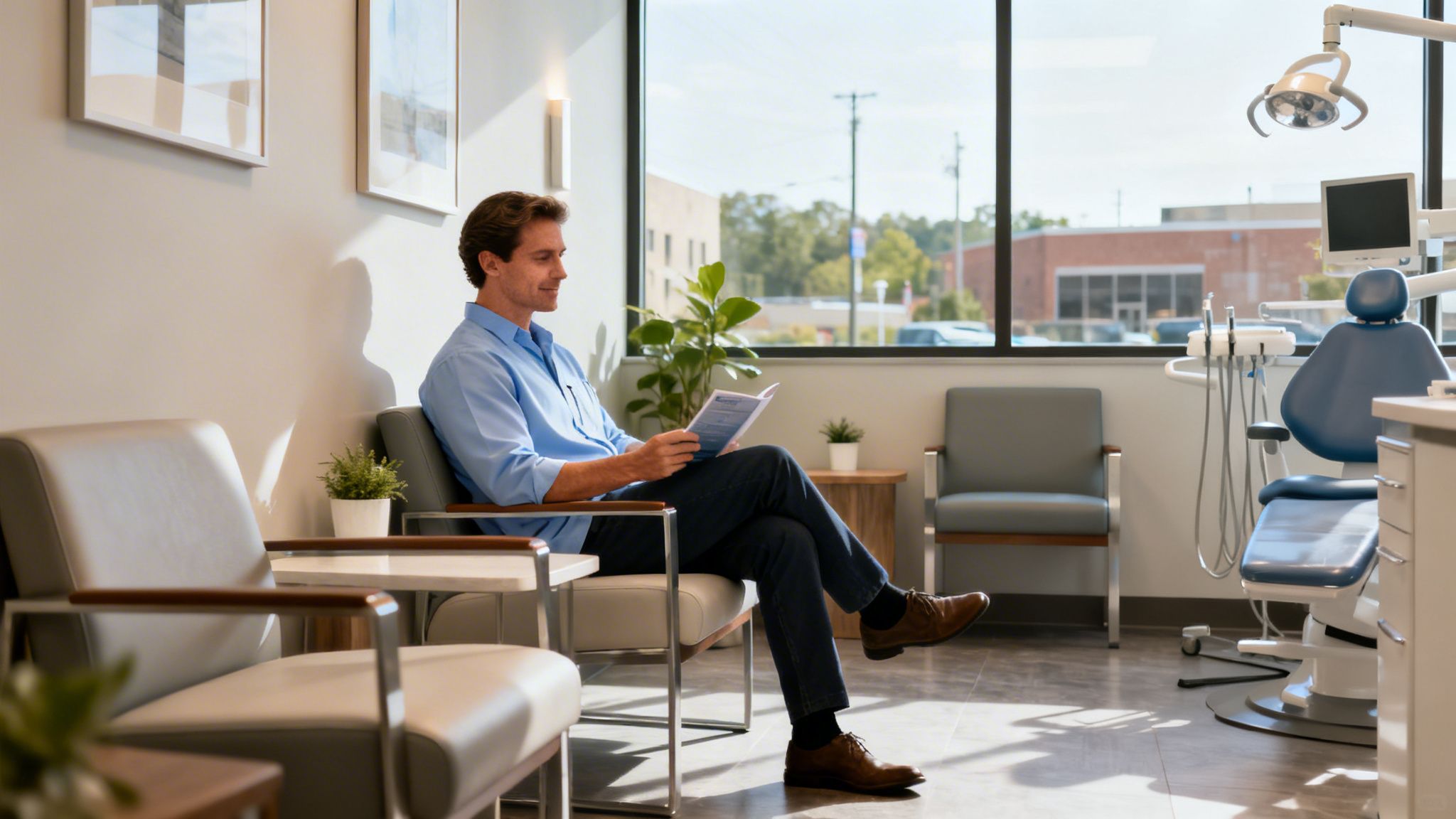 A man in a blue button-down shirt sitting in a modern waiting room holding a brochure.