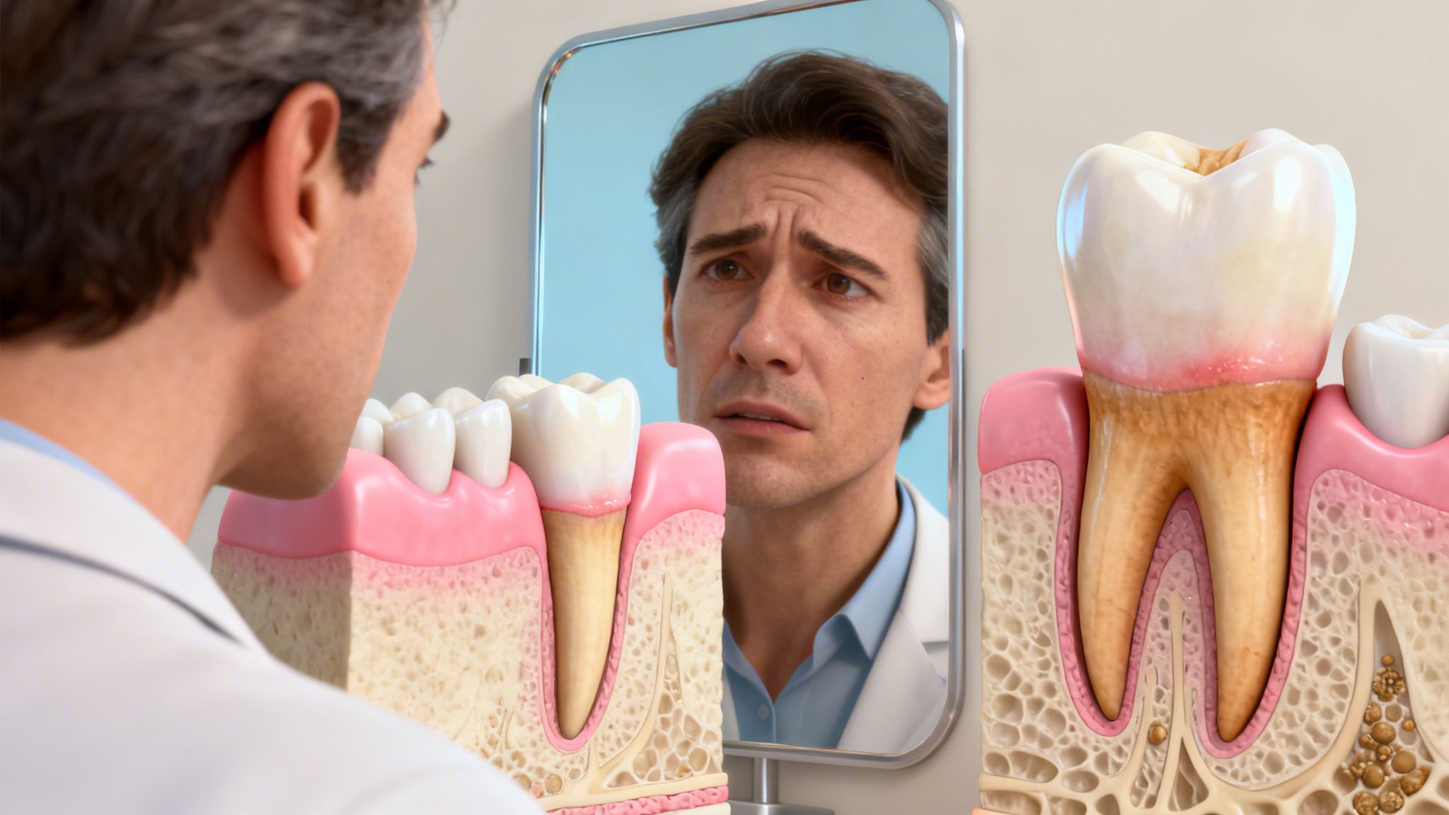 A concerned dentist looking at a detailed dental model showing gum recession and tooth root exposure.
