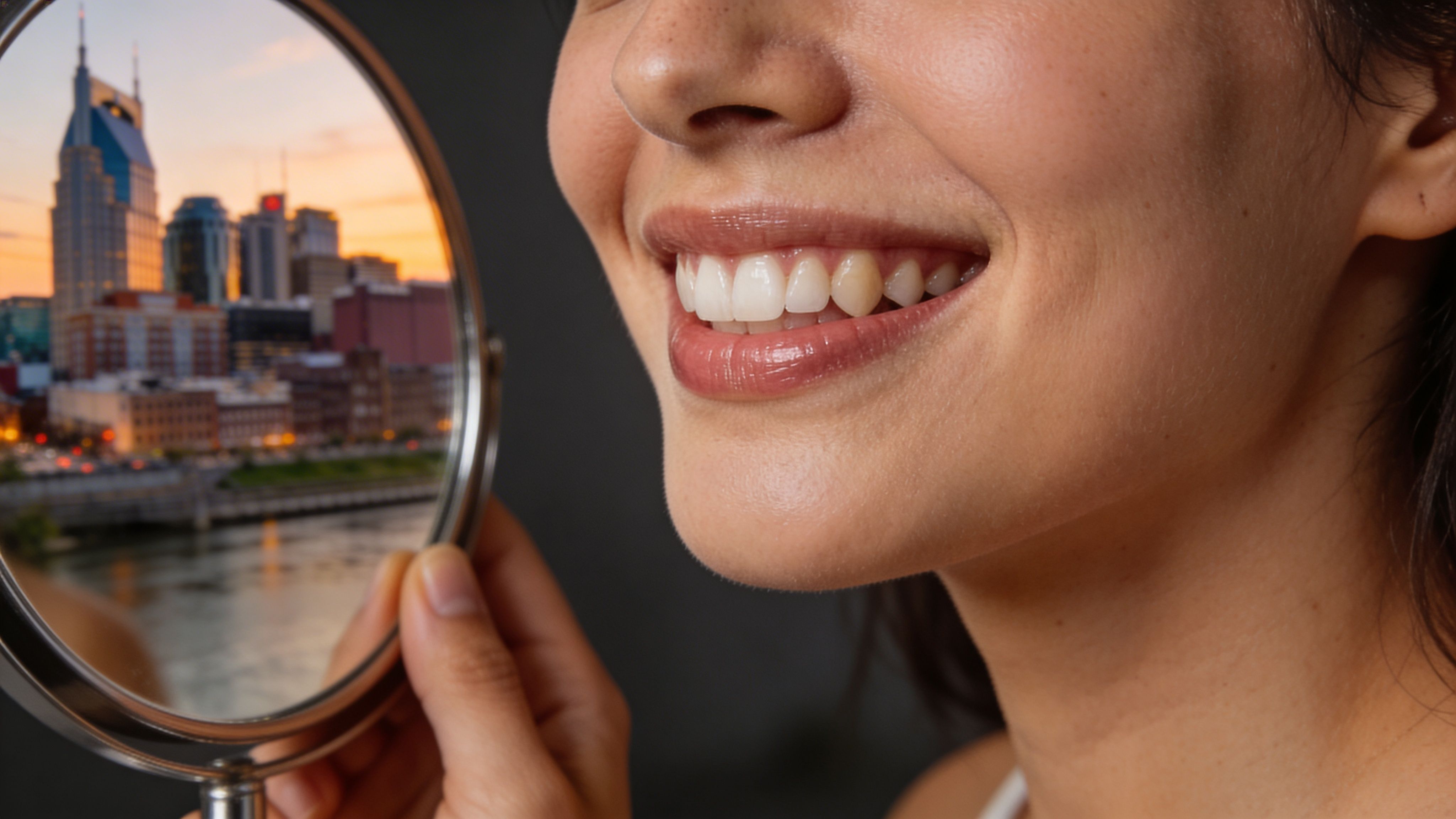 A smiling woman holding a round mirror reflecting a city skyline featuring prominent skyscraper architecture.