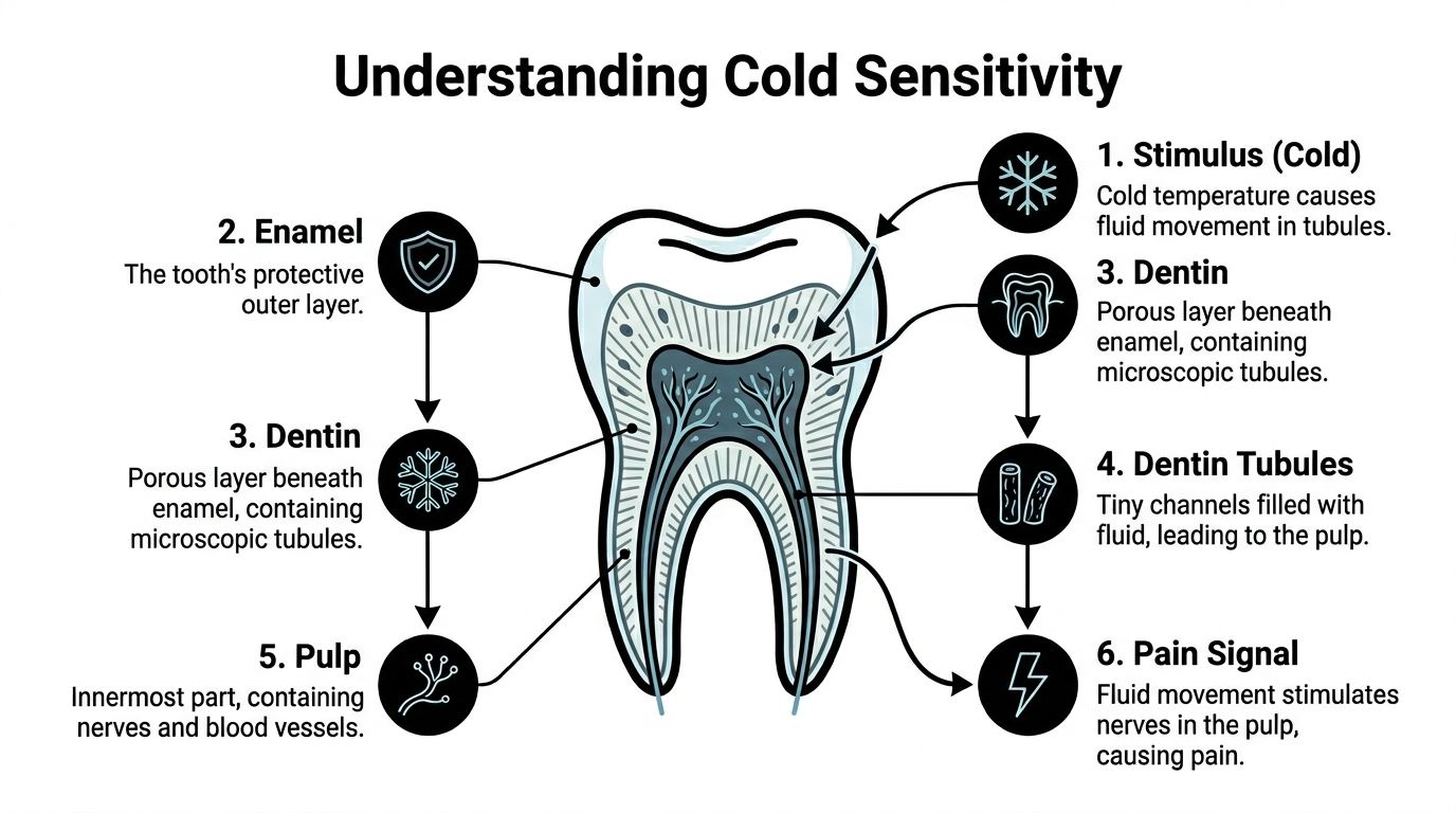 A diagram illustrating the biological process of tooth cold sensitivity through the enamel, dentin, and pulp.