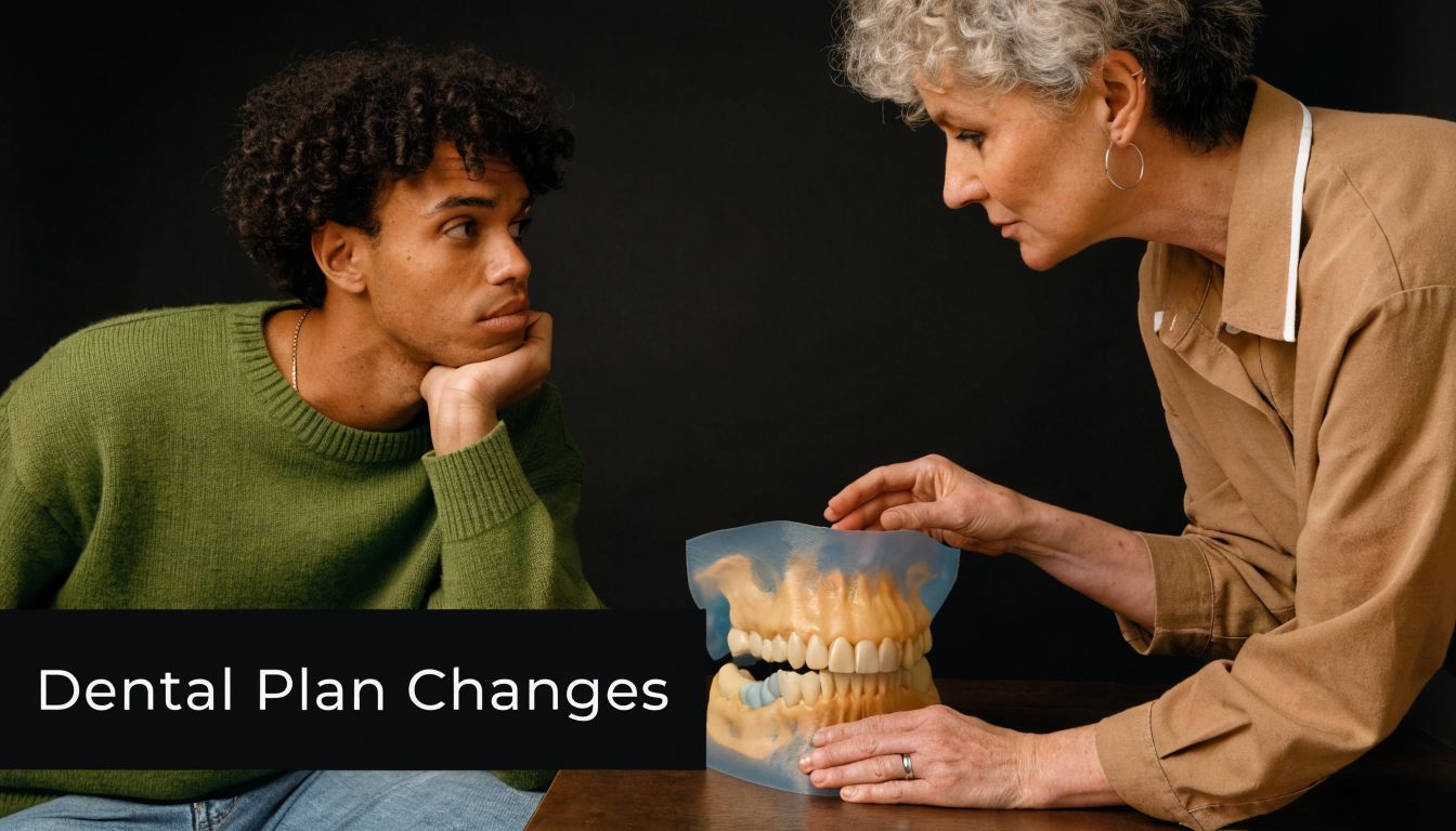 A dentist explaining dental health and bone structure to a patient using a mouth model.
