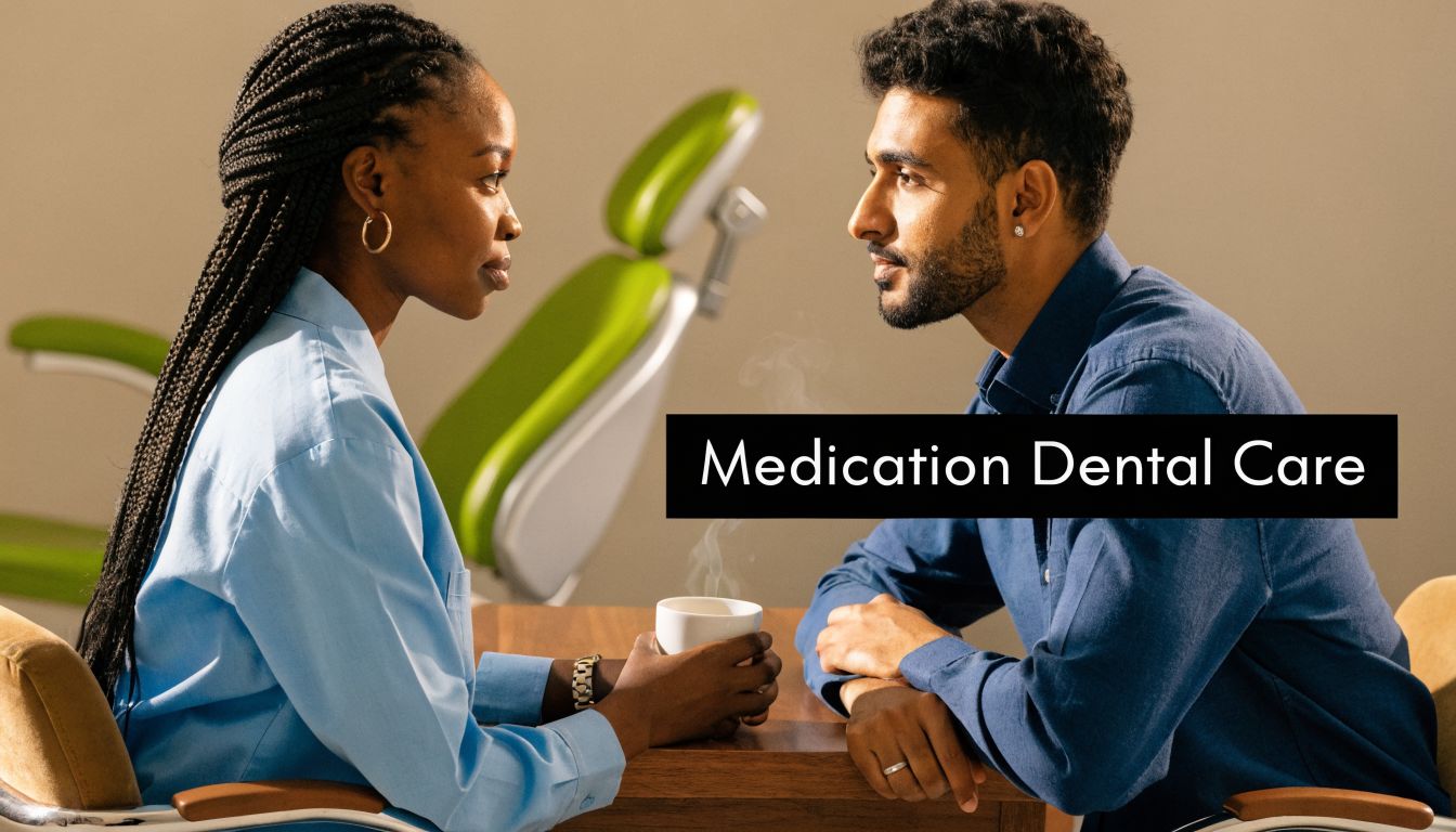 A woman and a man sitting at a wooden table discussing oral health and dental medication.