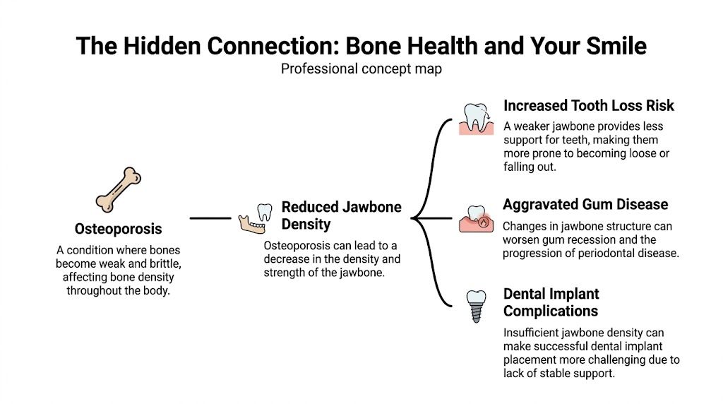 A professional concept map illustrating how osteoporosis reduces jawbone density, leading to tooth loss and dental complications.