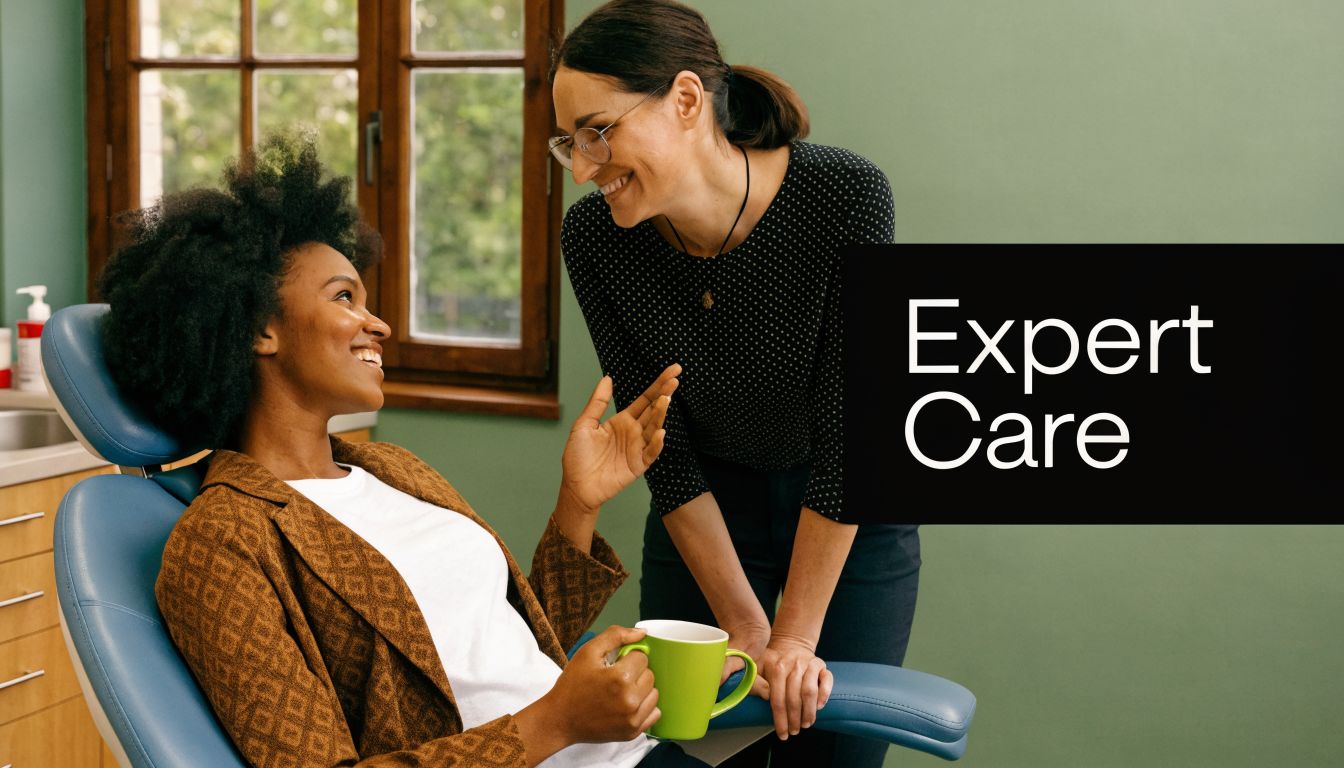 A friendly dentist talking to her smiling female patient in a professional dental office setting.