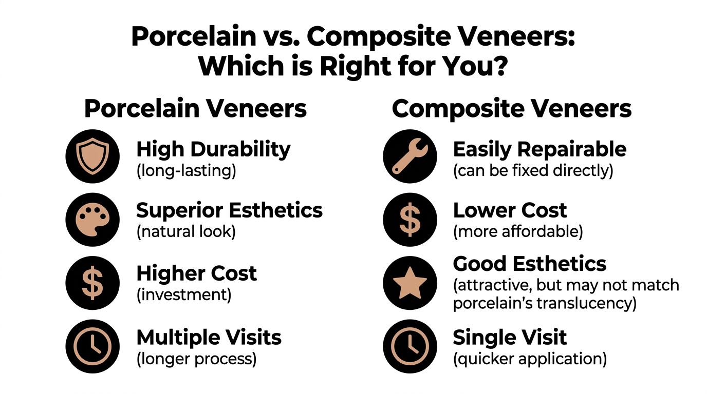 A comparison chart highlighting the key pros and cons of porcelain versus composite dental veneers for patients.