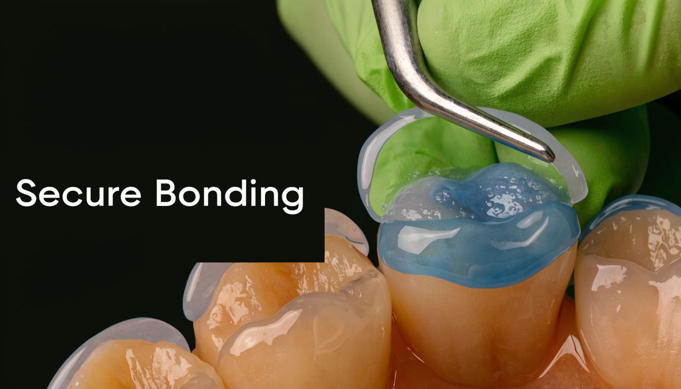 A dentist using a metal tool to place a clear dental matrix band on a prepared tooth.