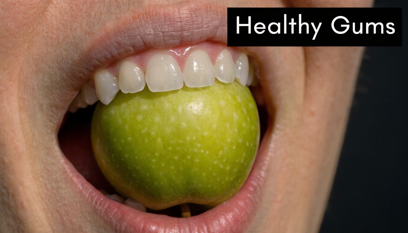 A close-up view of a person biting into a fresh green apple showing healthy gums and teeth.