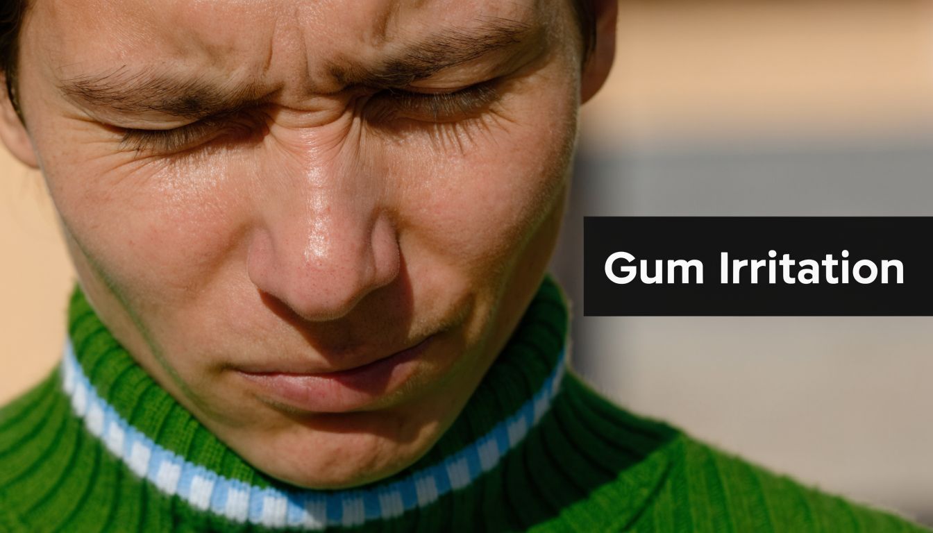 A close-up of a person looking distressed, possibly suffering from something stuck in their gum or dental pain.