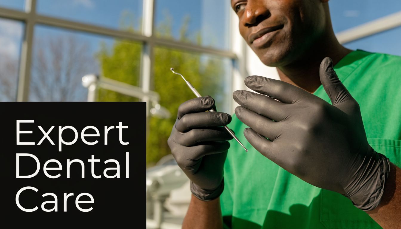 A professional dentist wearing black medical gloves holding a dental tool with an expert dental care sign