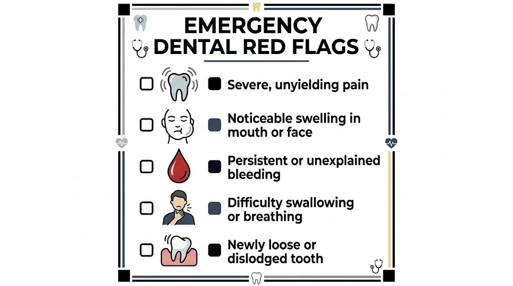 An infographic list of five emergency dental red flags requiring urgent attention and professional care.