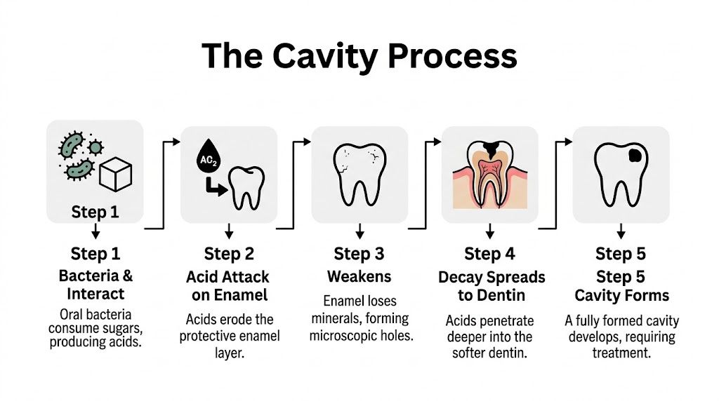 An infographic showing the five steps of the cavity process from initial bacteria interaction to decay.