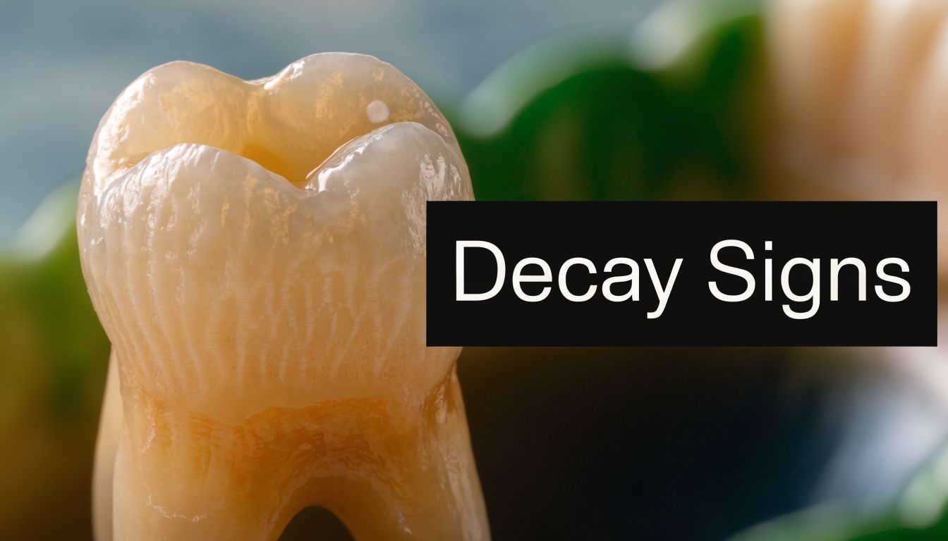 A close-up view of a human tooth demonstrating signs of tooth decay with a descriptive text overlay.