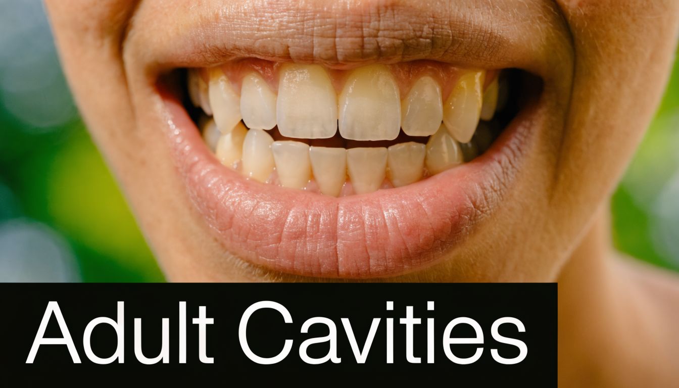 A close-up shot of an adult mouth showing teeth, highlighting issues related to adult cavities and oral health.