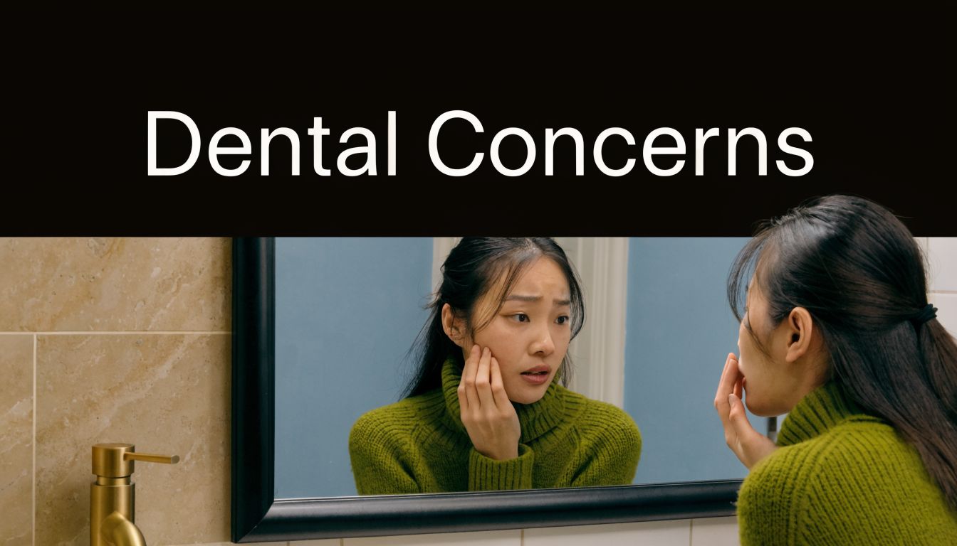 A young woman wearing a green sweater looking into a bathroom mirror, concerned about dental health issues.