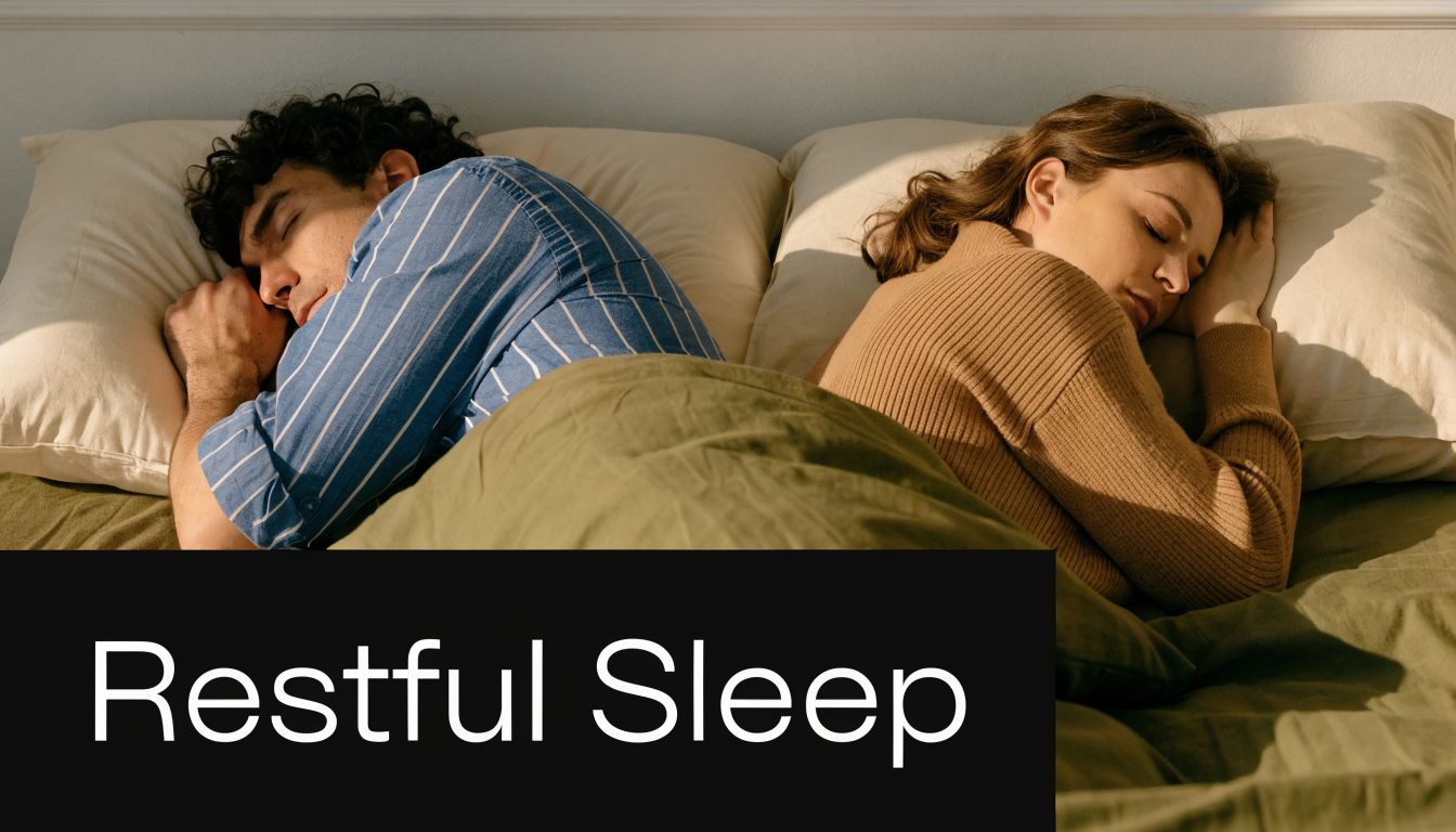 A man and a woman sleeping peacefully in bed under blankets with sunlight shining on them.