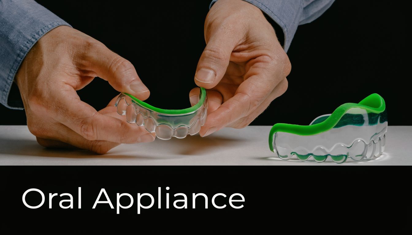 A person holding a clear dental night guard with a green trim for sleep apnea treatment.