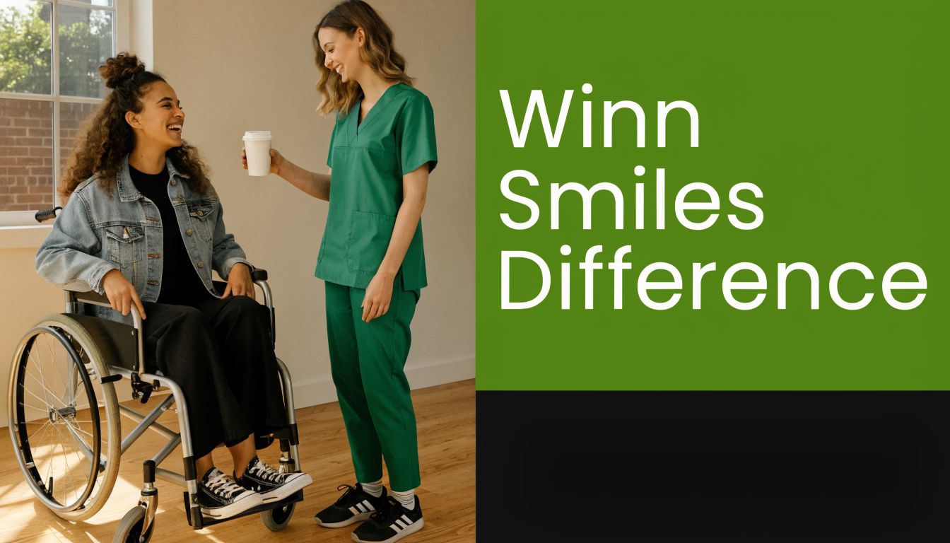 A friendly dental professional in green scrubs handing a cup of coffee to a patient in a wheelchair.