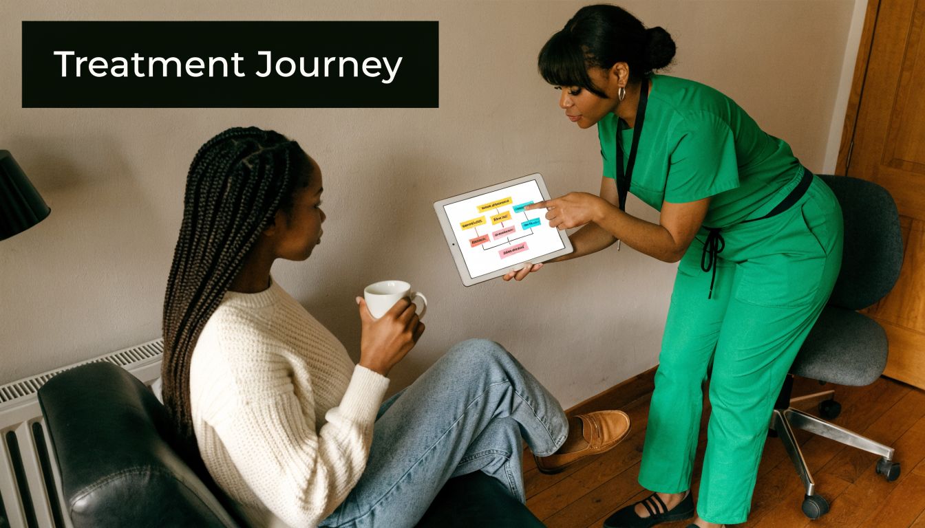 A healthcare provider in green scrubs explaining a treatment journey chart on a tablet to a patient.