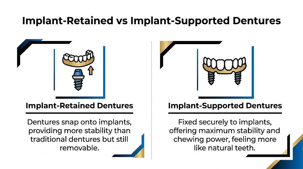 A comparison graphic explaining the differences between removable implant-retained dentures and fixed implant-supported dentures for dental patients.
