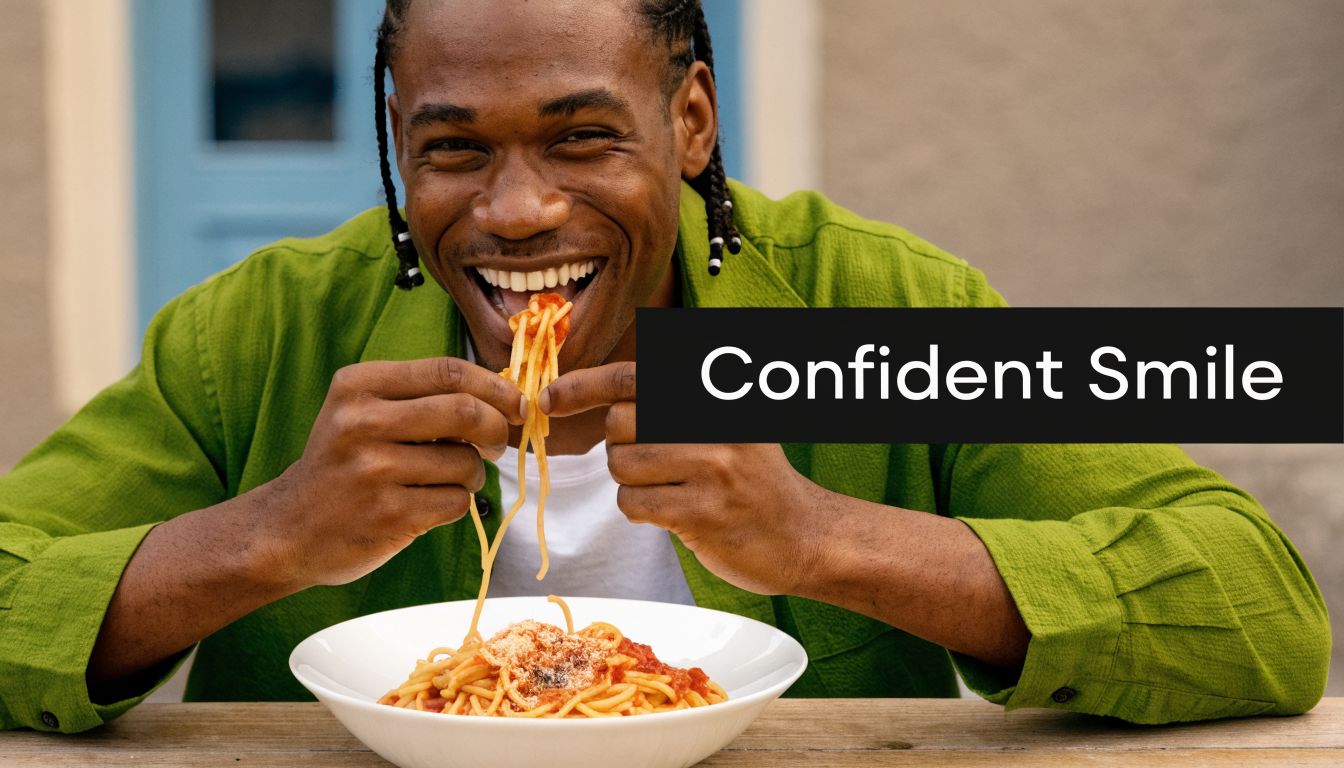 A happy man smiling confidently while enjoying a delicious bowl of spaghetti at a wooden table.