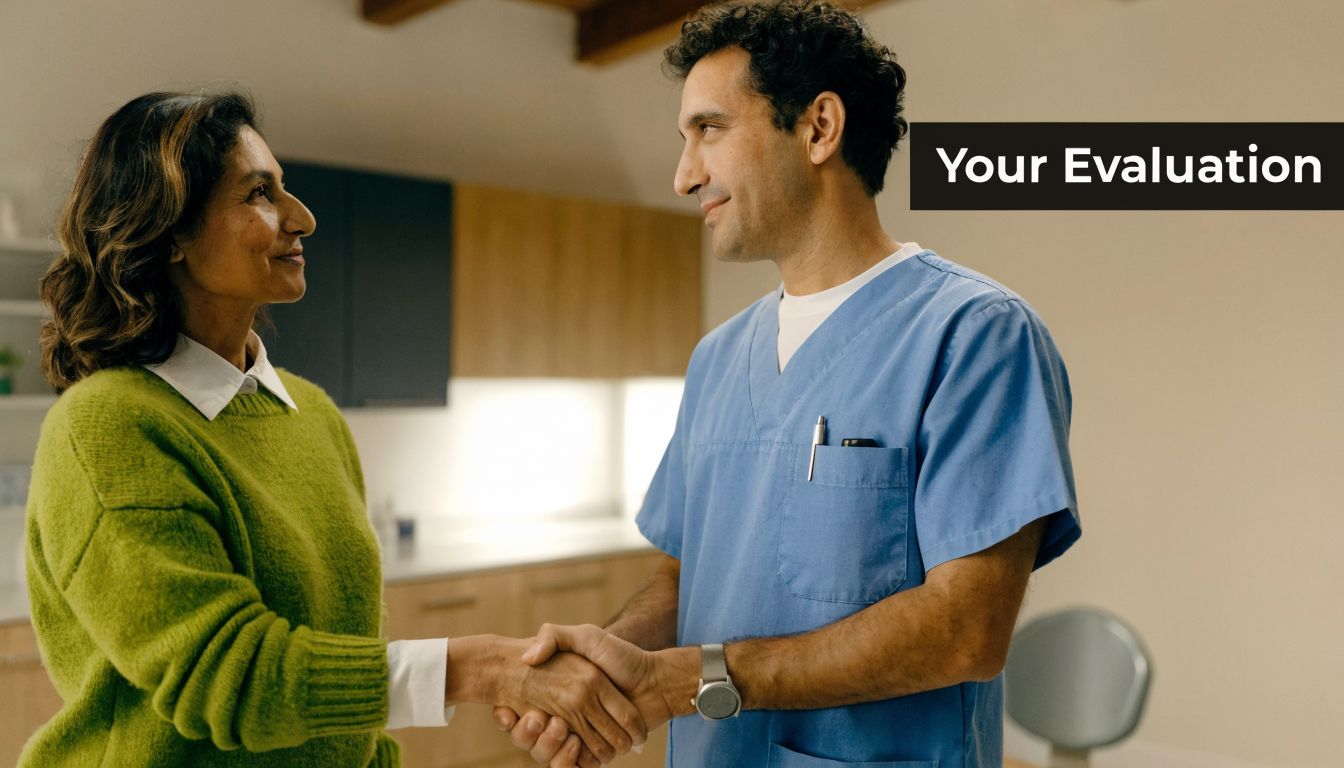 A female patient shaking hands with a male dentist in a professional clinic setting.