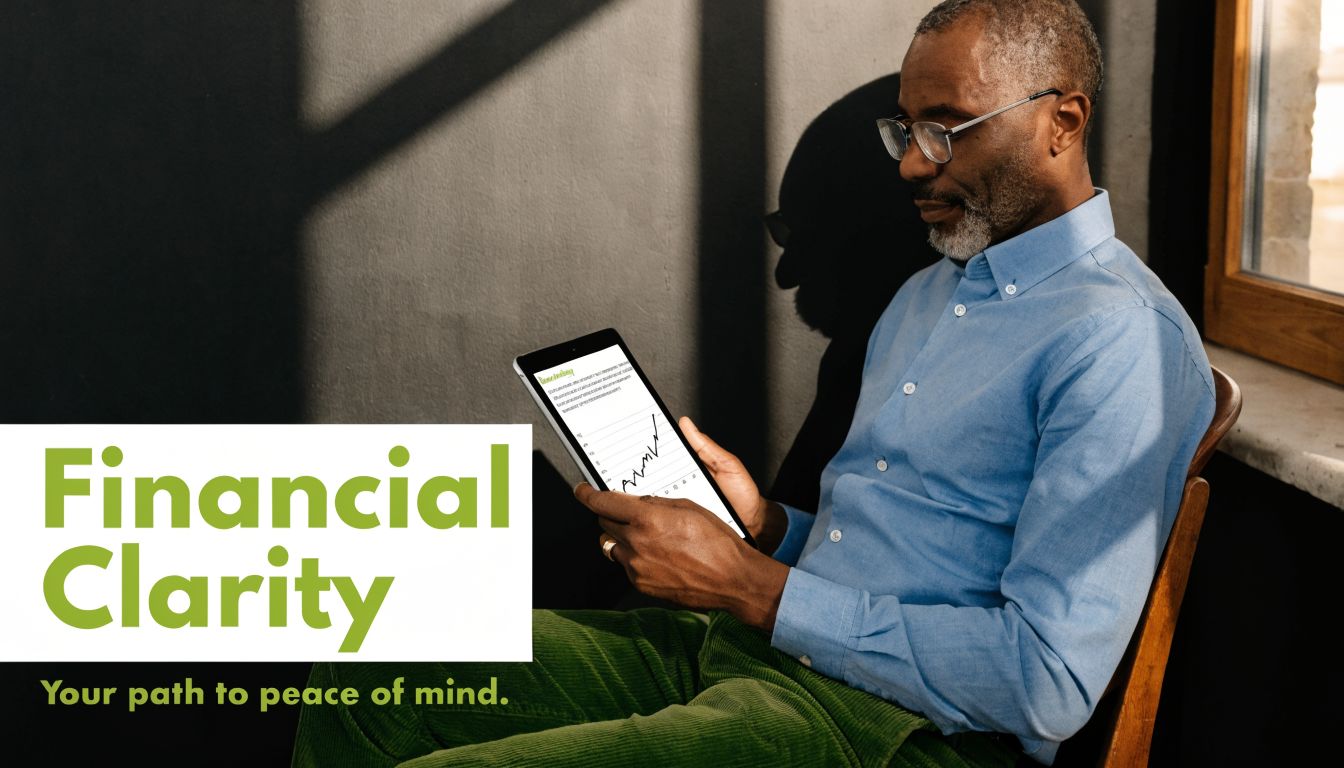 A sophisticated man wearing glasses and a blue shirt reviews a financial stock chart on a digital tablet.