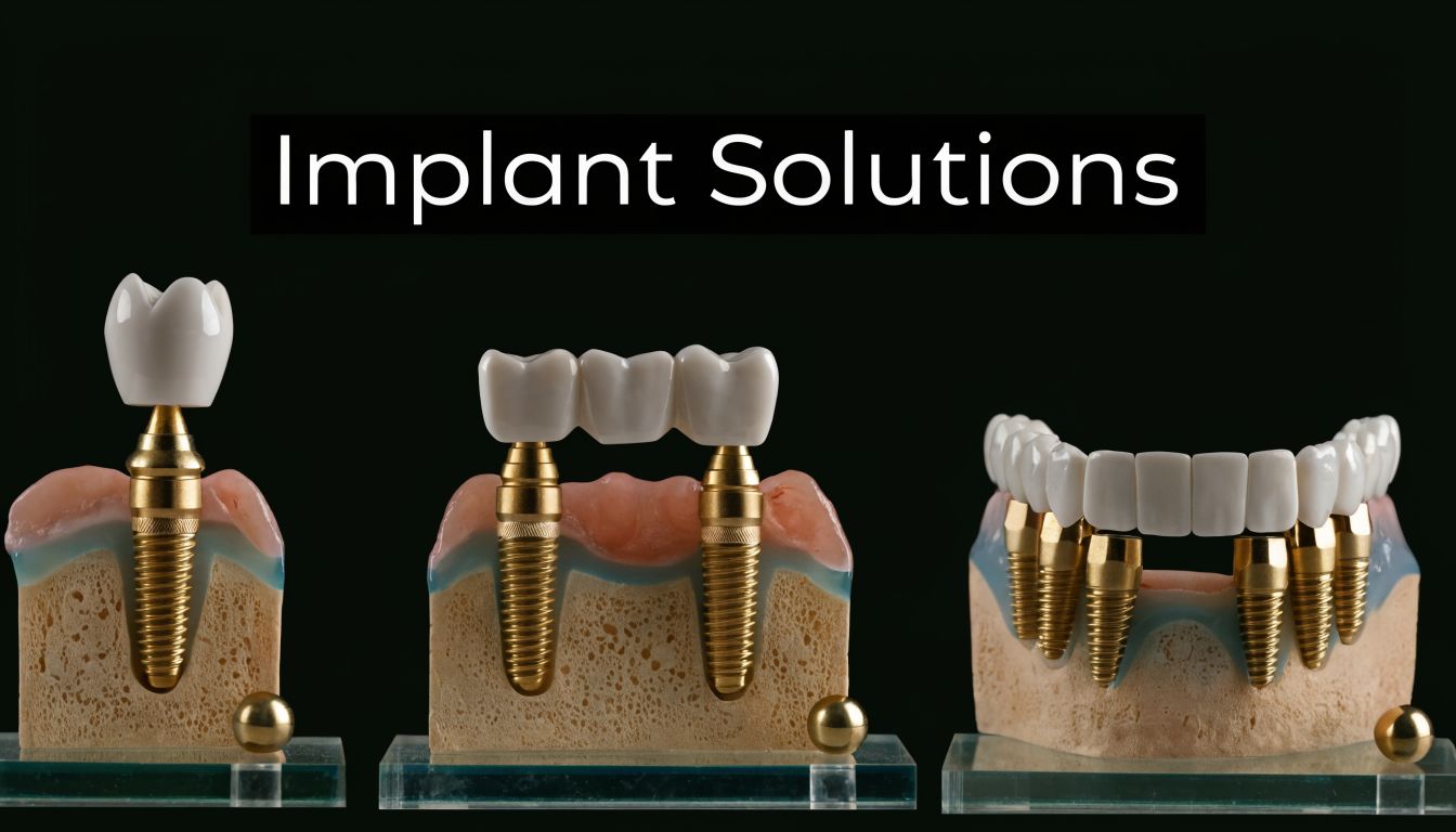 A display showing three different dental implant treatment options mounted on models against a black background.