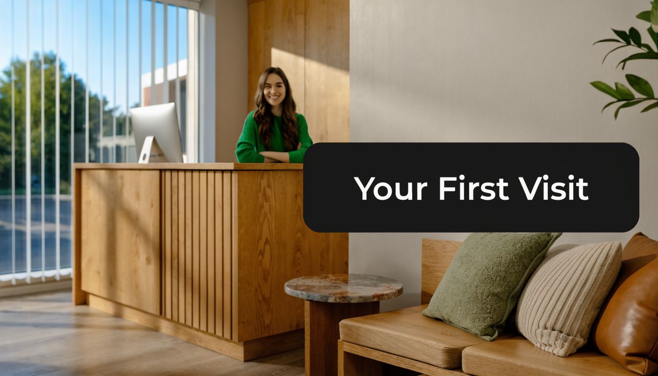 A friendly receptionist smiling behind a wooden office desk in a bright, modern, and welcoming waiting area.