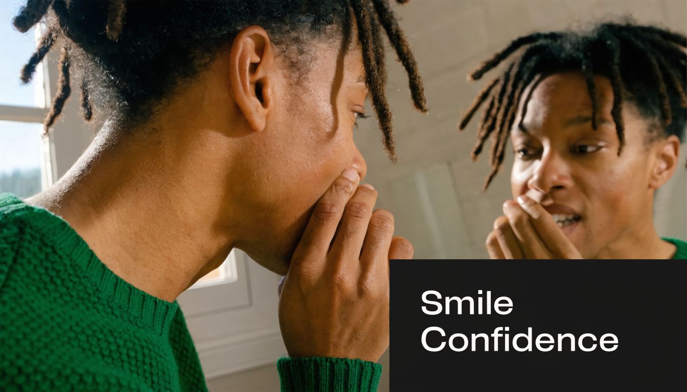 A person with dreadlocks looking at their reflection in a mirror, examining their teeth for dental health.