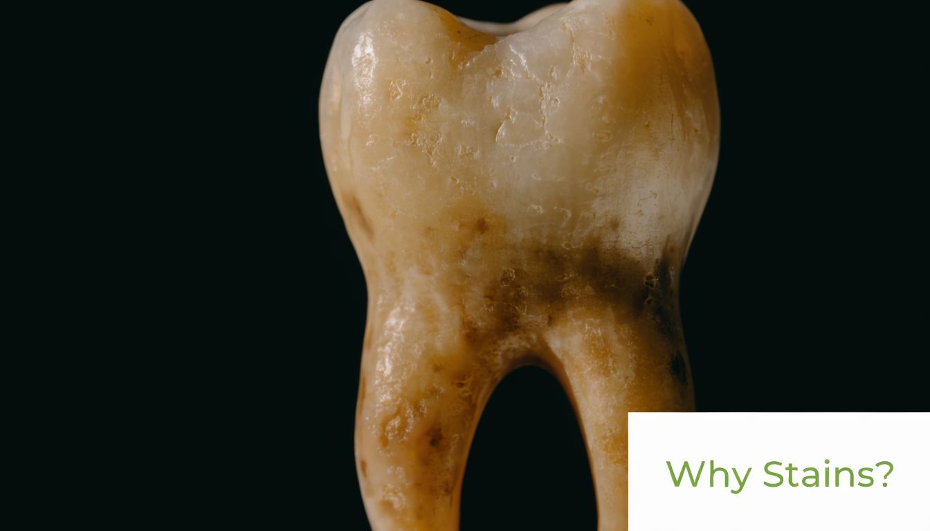 A close-up view of a severely stained and discolored human tooth against a dark black background.
