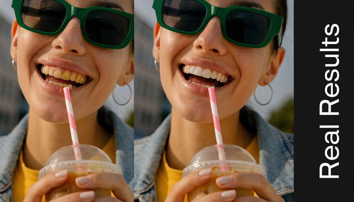 A split image showing a woman's teeth before and after a professional teeth whitening treatment.