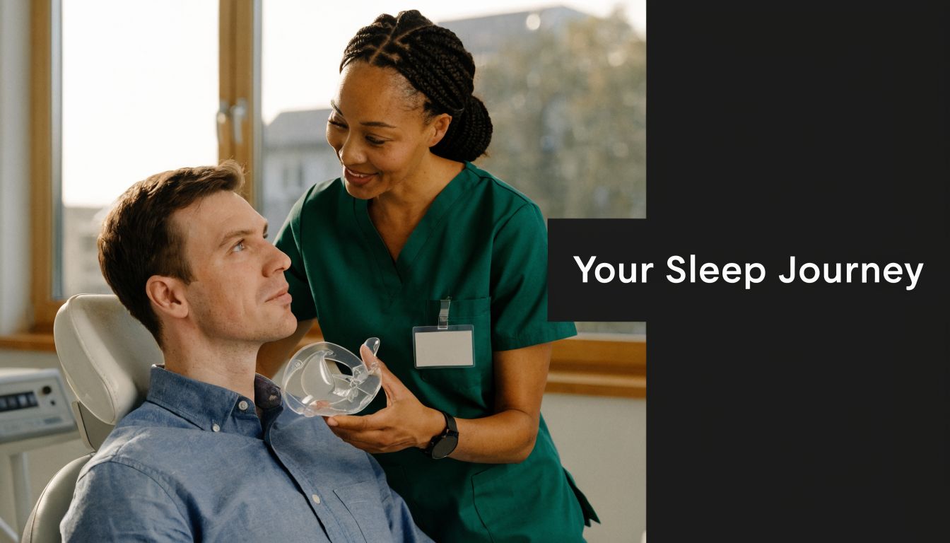 A healthcare professional showing a sleep apnea mouth guard to a patient in a clinical setting.