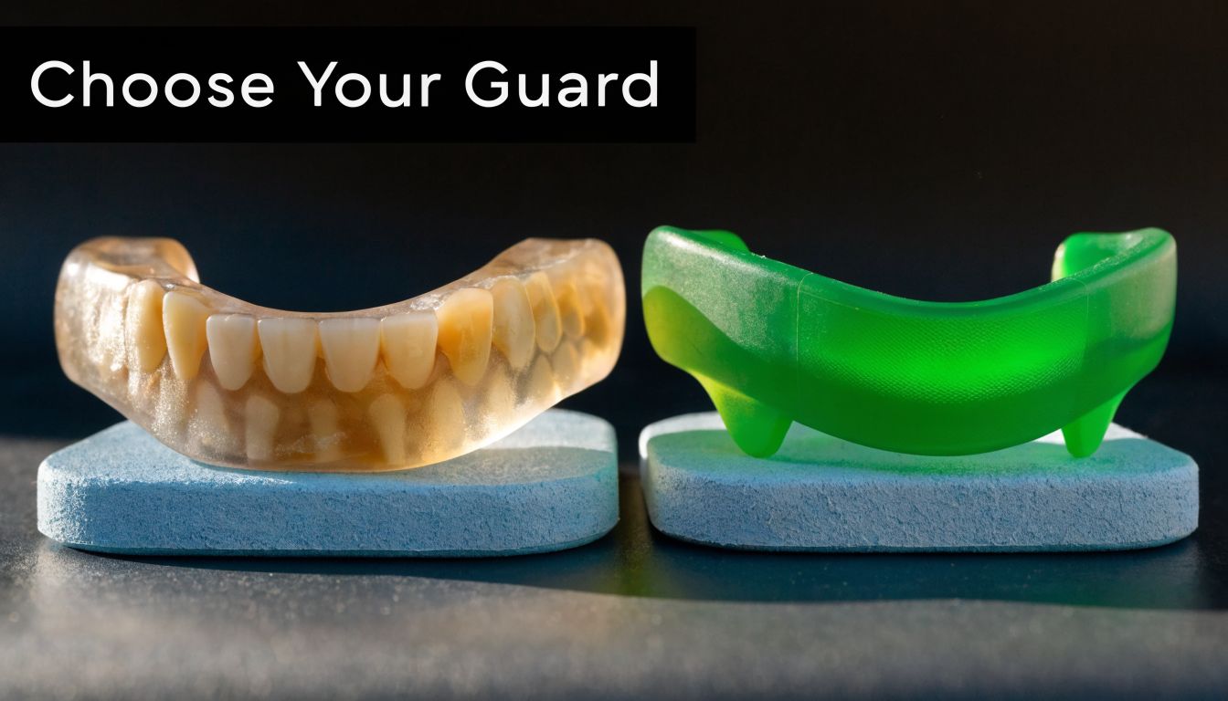 A clear dental night guard and a green custom-made mouth guard sitting side by side.