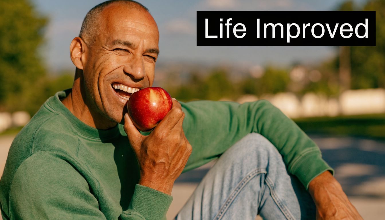A happy senior man smiling while eating a fresh red apple outdoors in the sunlight.