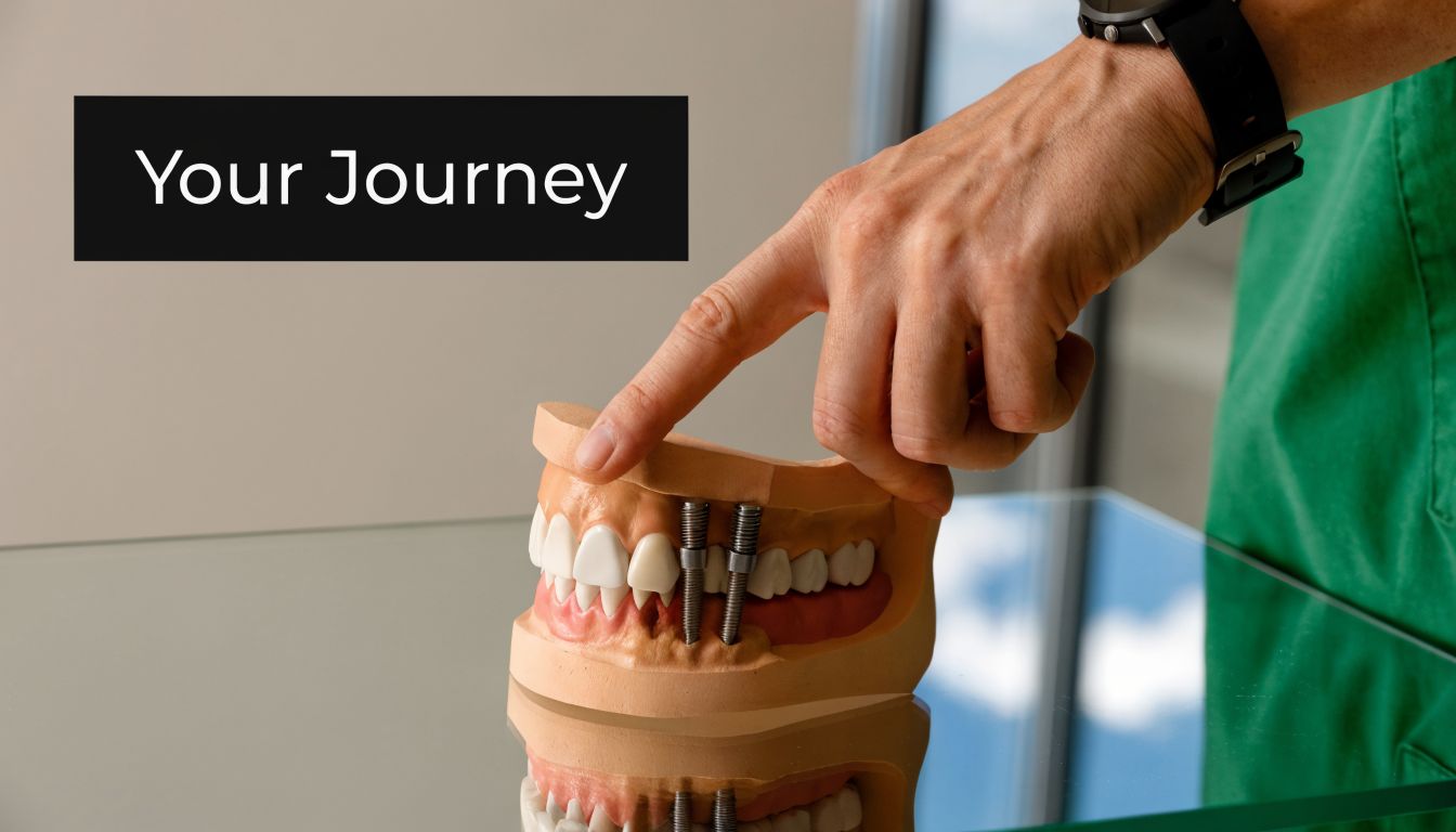 A dental professional pointing at a dental implant model showing the process for tooth replacement.