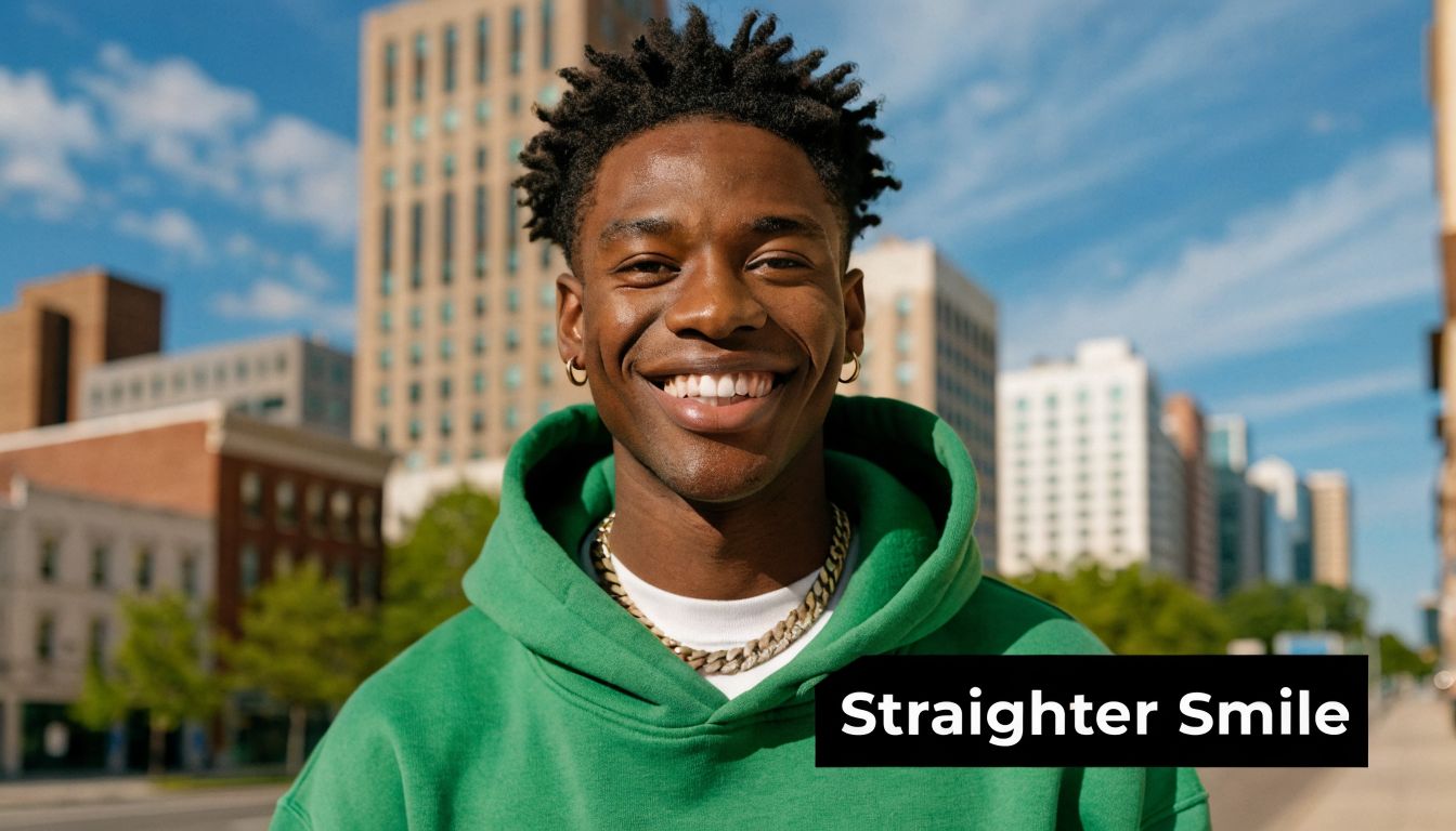 A happy young man smiling confidently in a green hoodie against an urban city skyline backdrop.
