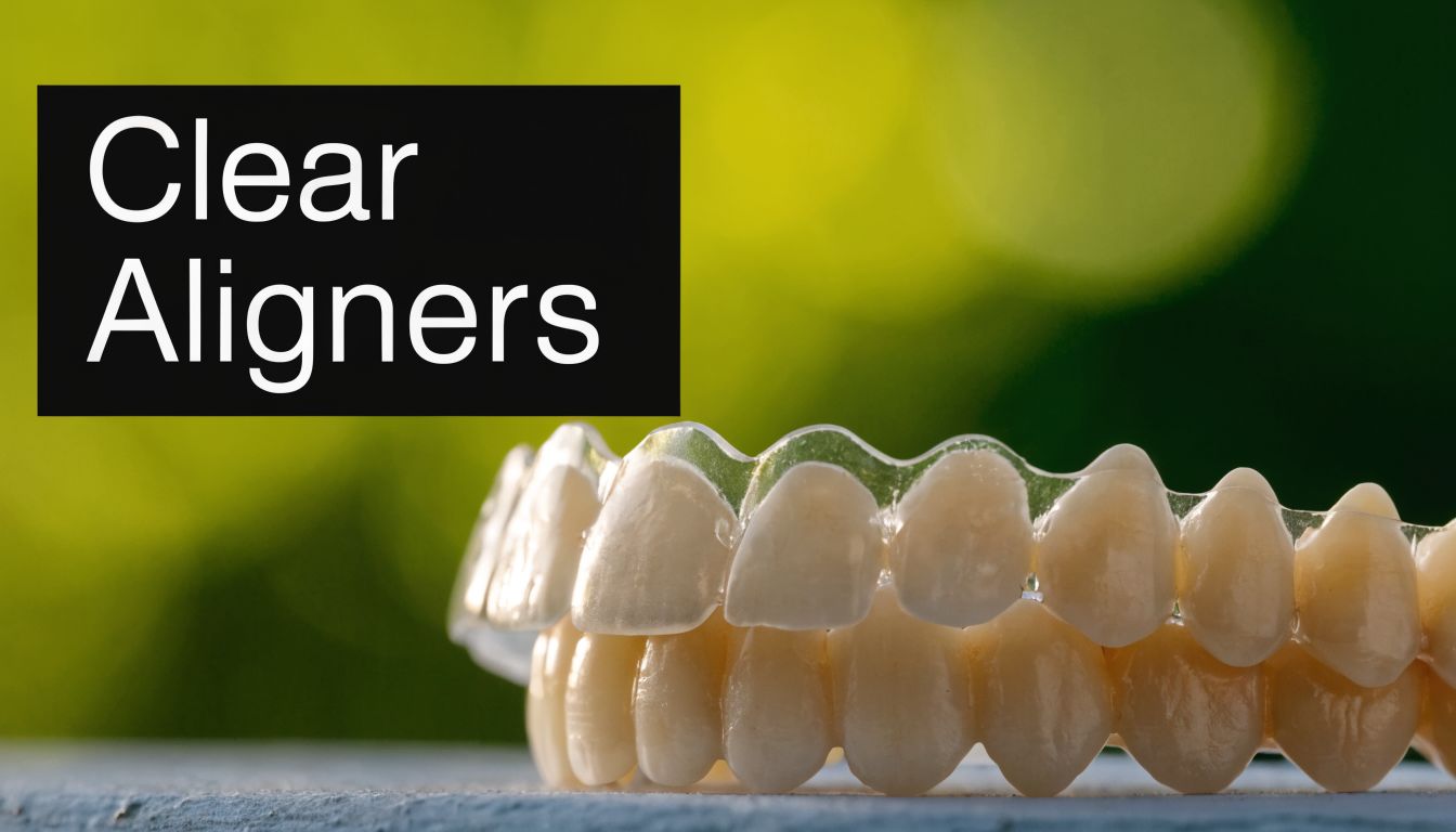 A close-up view of clear aligners fitted over human teeth against a soft green bokeh background.