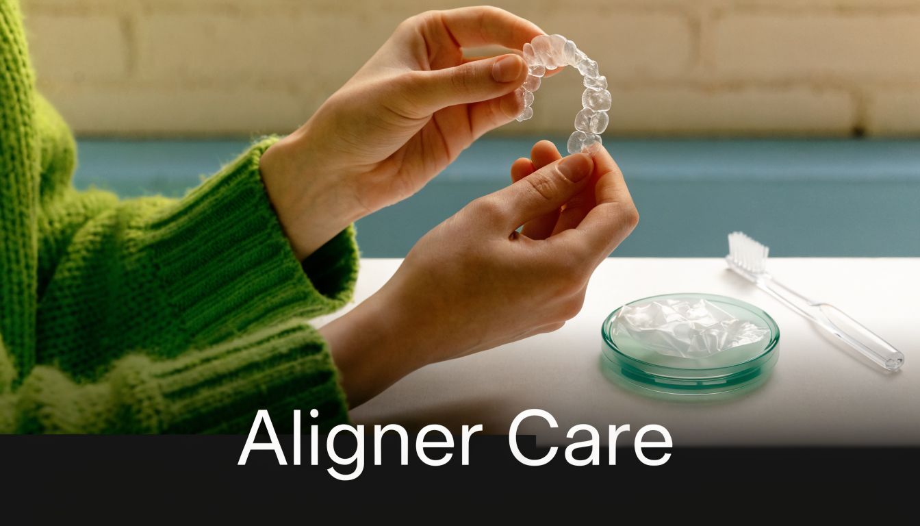 A person holding a clear dental aligner tray while preparing to clean it with a toothbrush.